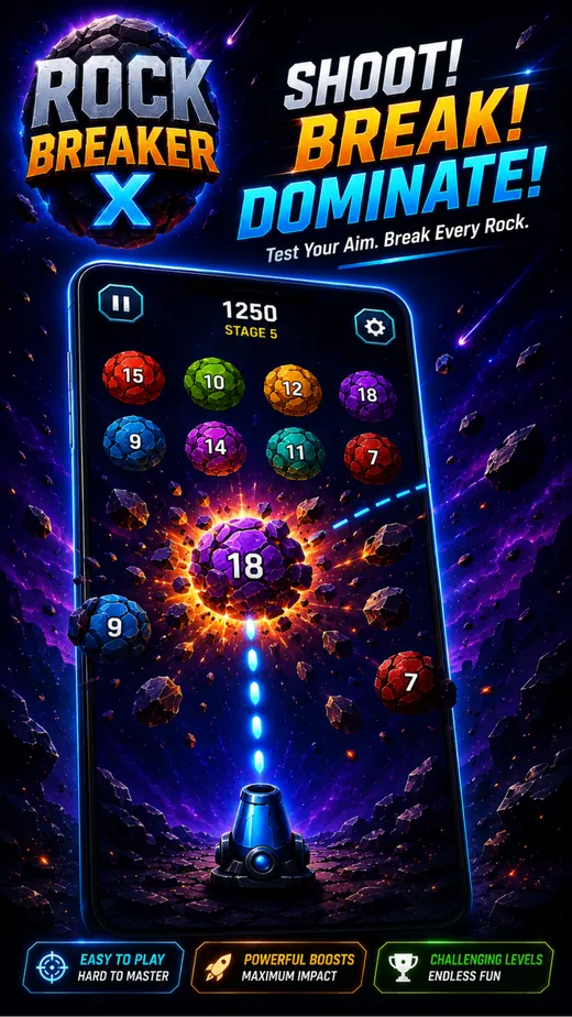Rock Breaker X gameplay screenshot with cannon and numbered rocks